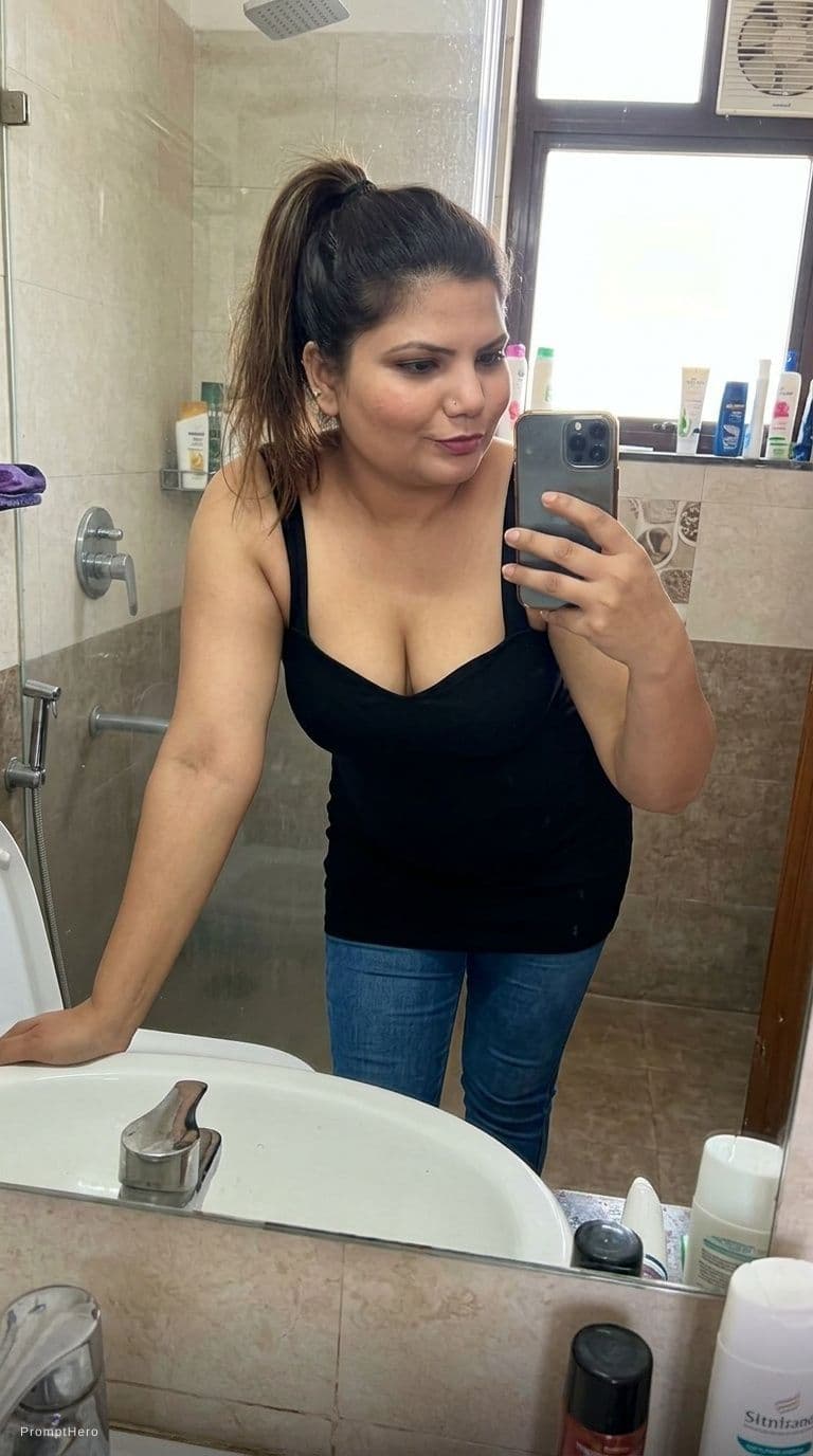 AI generated: Make her wear a décolleté dress and fit formous jeans, ponytail hairstyle, taking a mirrror bathroom...