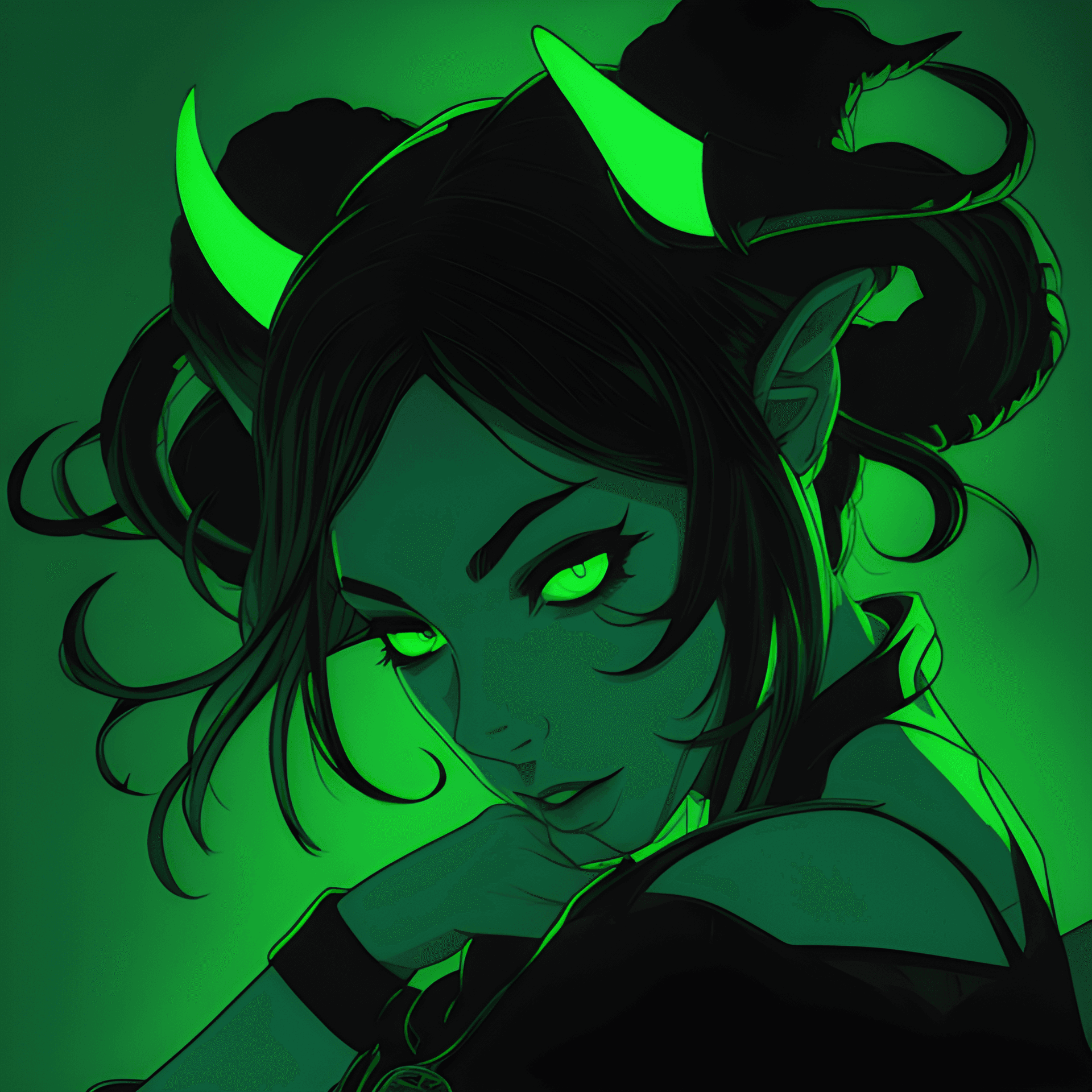 AI generated: anime girl with horns and horns on her head in a dark room, neon and dark, demon girl, loish |, tief...