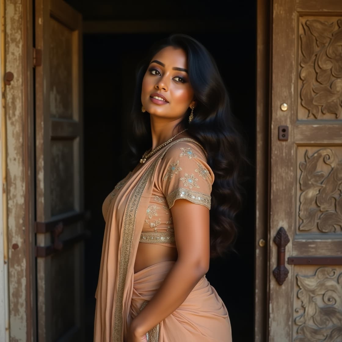 AI generated: A midshot of breathtakingly beautiful, voluptuous Indian woman stands gracefully at the threshold of...