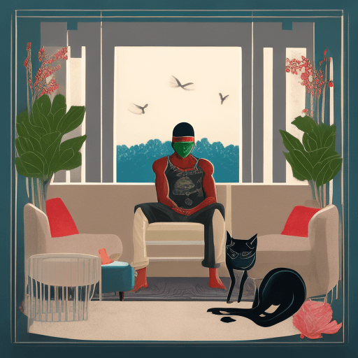 AI generated: Cinematic, beautiful, and mysterious album cover:

A young black man with red eyes and a green cat m...