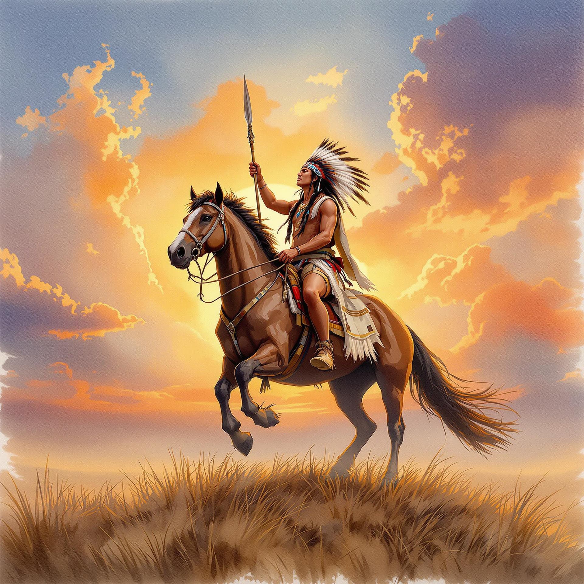 AI generated: a watercolor painting of Native American Indian chief on a wild horse, wearing traditional clothing ...
