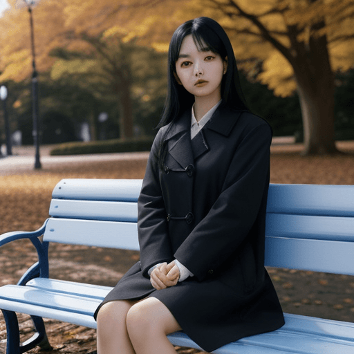 AI generated: Asian woman, long black hair, small eyes, wearing a white dress, wearing a dark blue coat. sitting o...