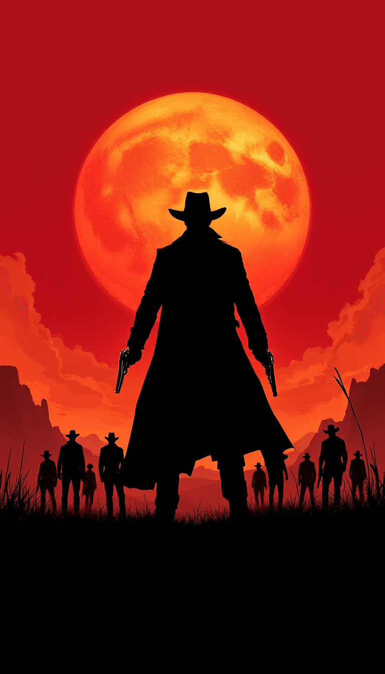 AI generated: "A dramatic silhouette of a lone gunslinger standing against the backdrop of a massive, glowing oran...
