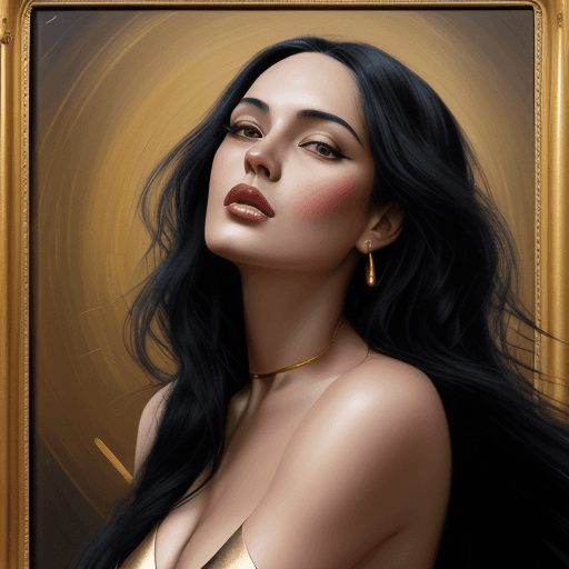 AI generated: a woman with long black hair in a gold painting, in the style of charlie bowater, no clothes, dark b...