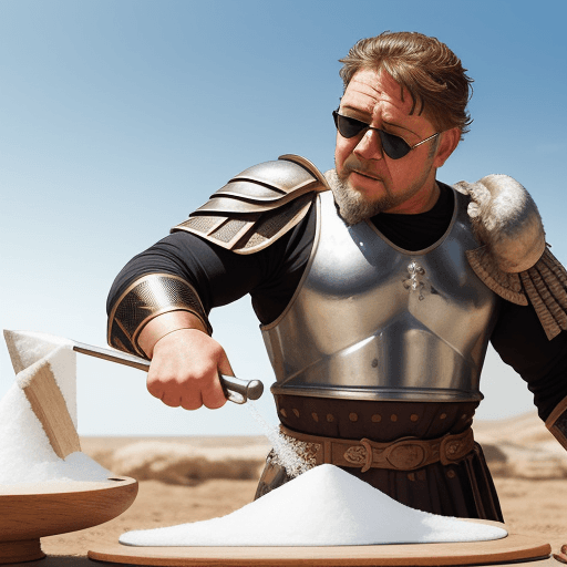 AI generated: roman soldier that looks like russell crowe from the gladiator move with sunglasses pouring salt exa...