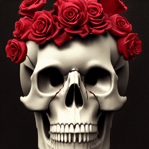 AI generated: skull made of red roses, organic horror, devil,death, giger, epic, baroque, art nouveau, james jean,...