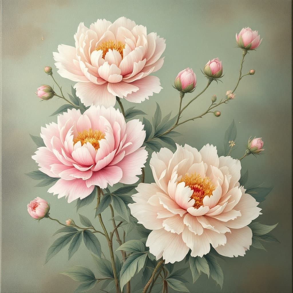 AI generated: Beautiful Chinese peonies decorate the soft light green canvas
