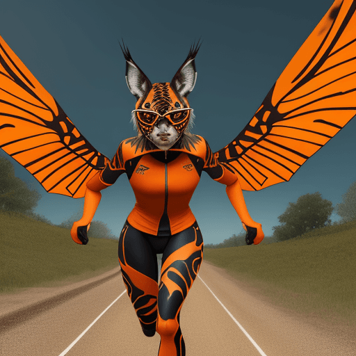 AI generated: beetle wings body, lynx head on atletism track , dressed in running orange jersey, full body, xbox 3...