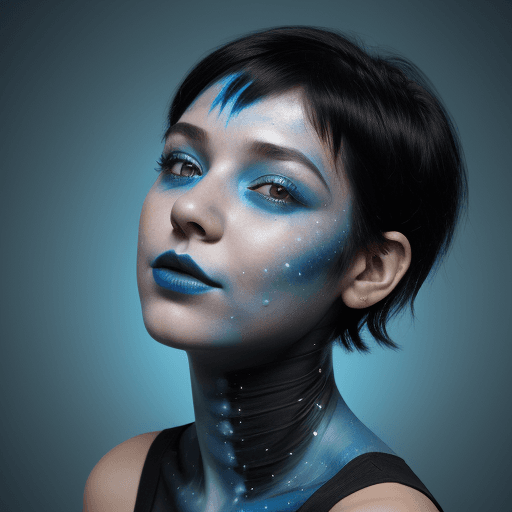 AI generated: young happy woman, blue black short hair,  space, 8k, magic, facepaint 