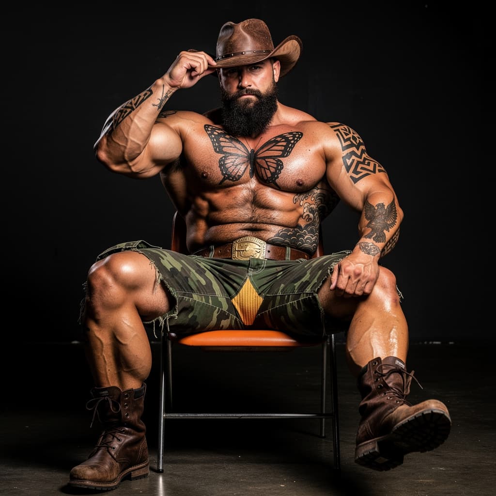 AI generated: Homme musclé bodybuilder massif d'environ 35-45 ans, torse nu hyper-défini et poilu, assis de manièr...