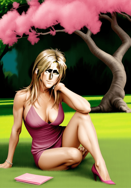 AI generated: Jennifer Aniston, caricature with agent rome clothes sitting on grass under the pink tree, sexy