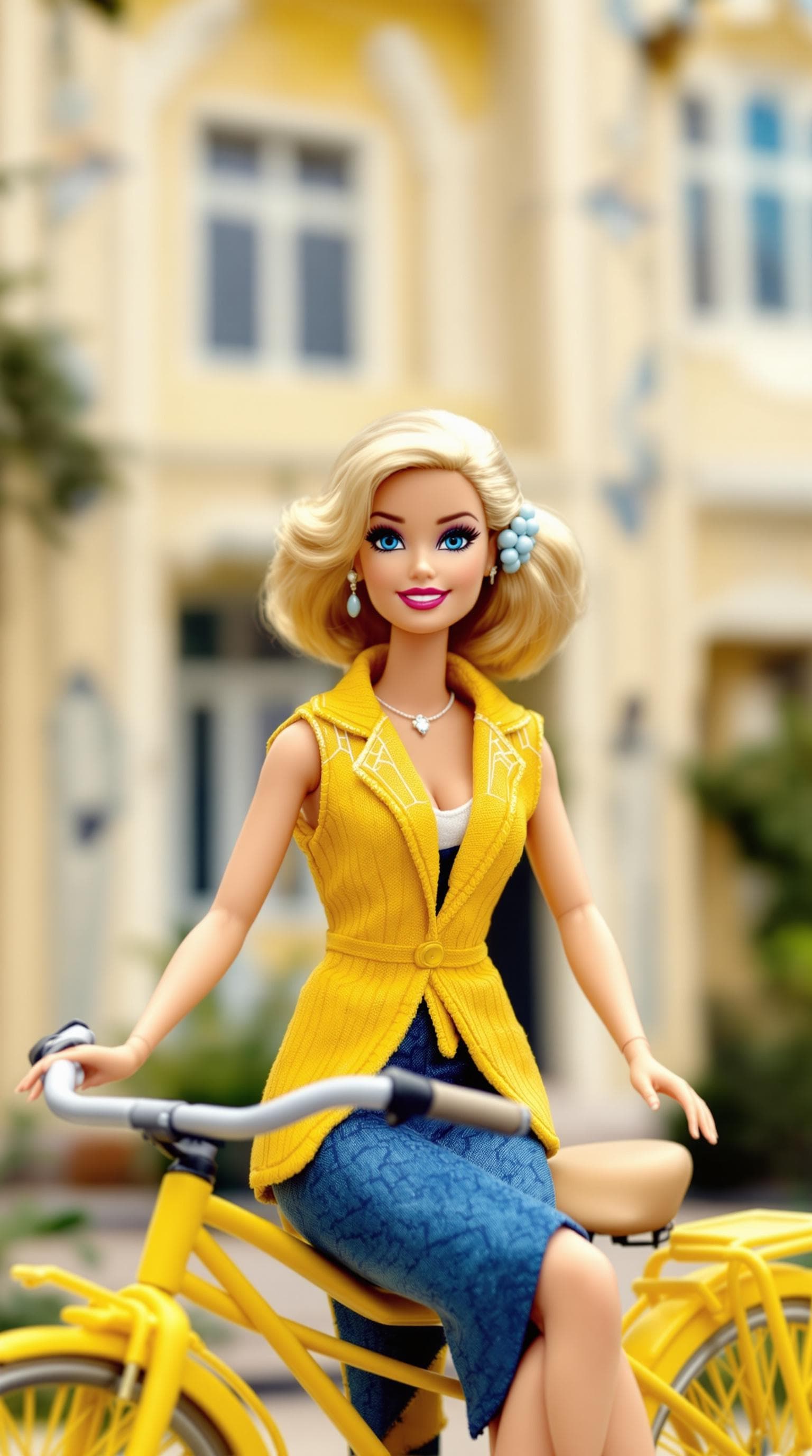 AI generated: photo, 20 year old barbie doll wearing art deco clothing sitting on a bicycle in front of her art de...