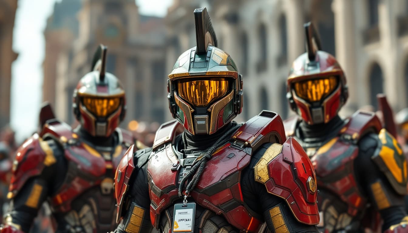 AI generated: 3 spartan in full battle gear standing in front of camera, in the style of crimson and bronze, detai...