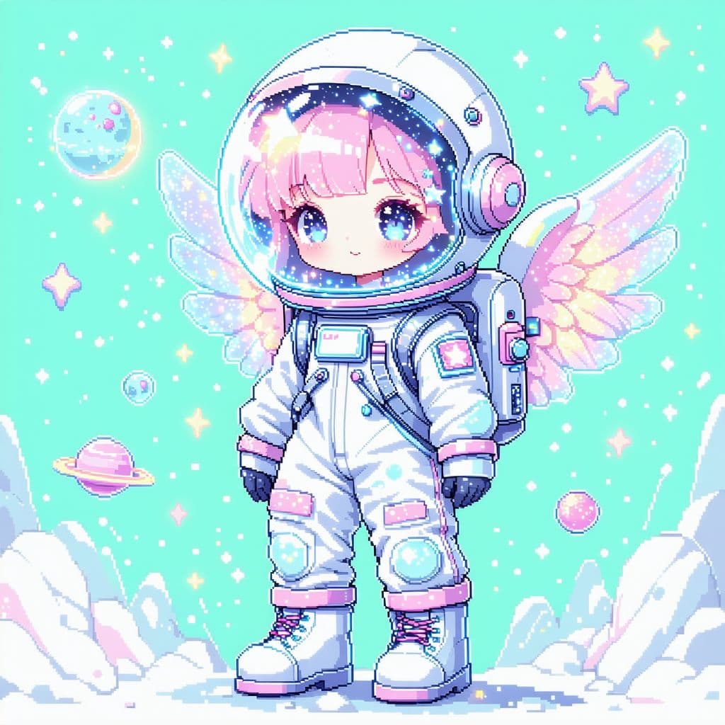 AI generated: A full-body stylized 2D kawaii illustration of a pastel space cadet girl in a holographic bubble hel...