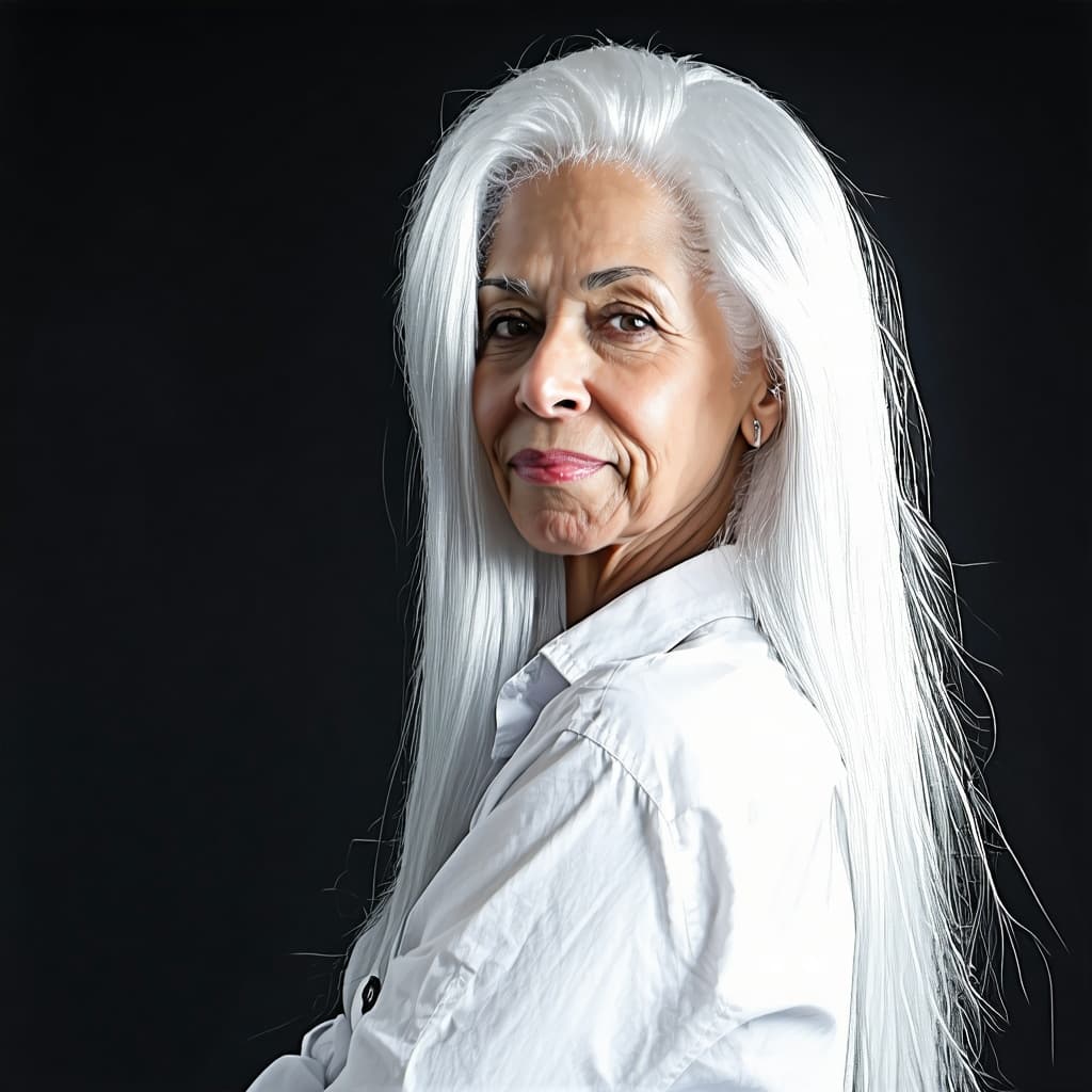 AI generated: Portrait of a female with long white hair,wearing a white shirt,digital colors,subtle illumination