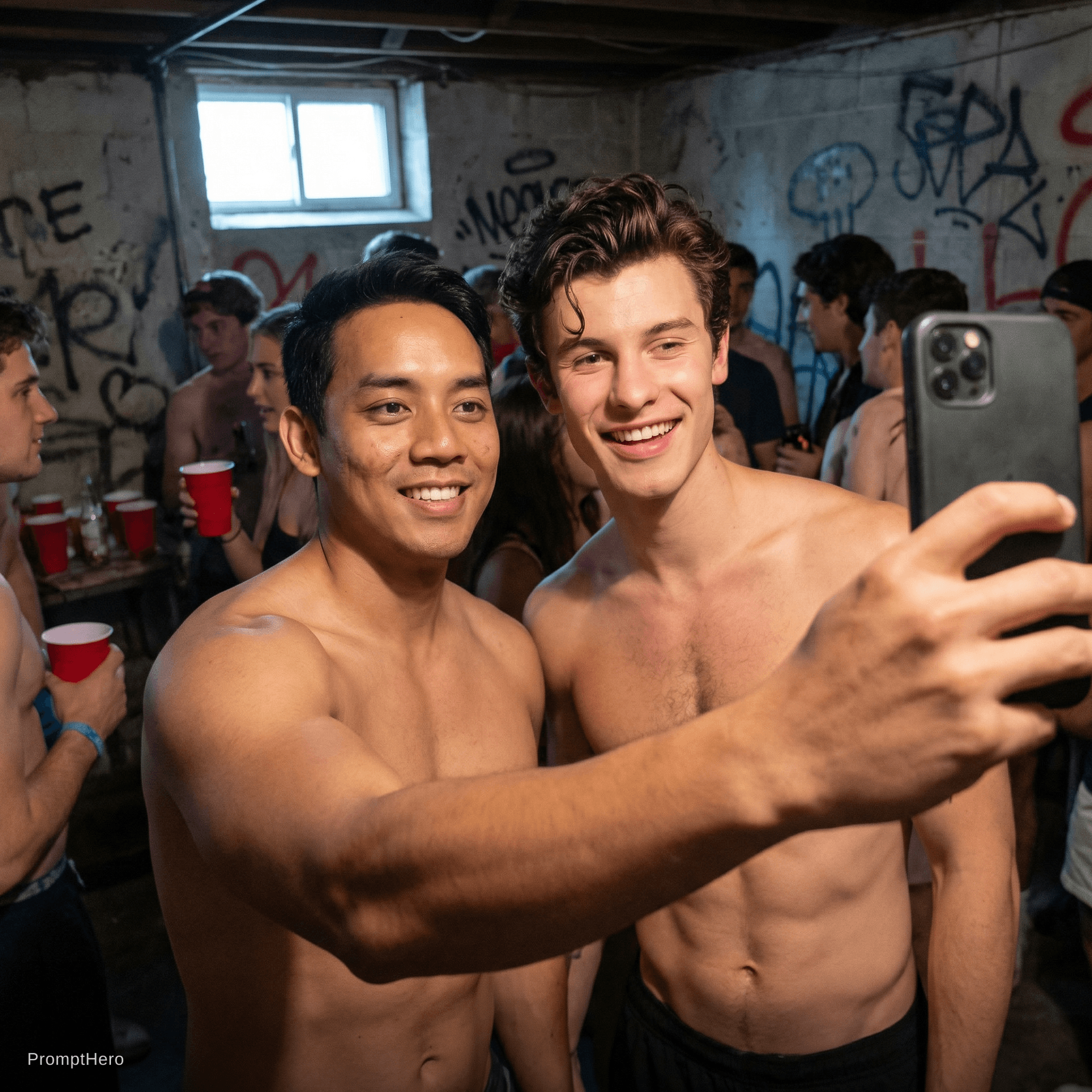 AI generated: with Shawn mendez shirtless in a basement in some kind of a frat house party
