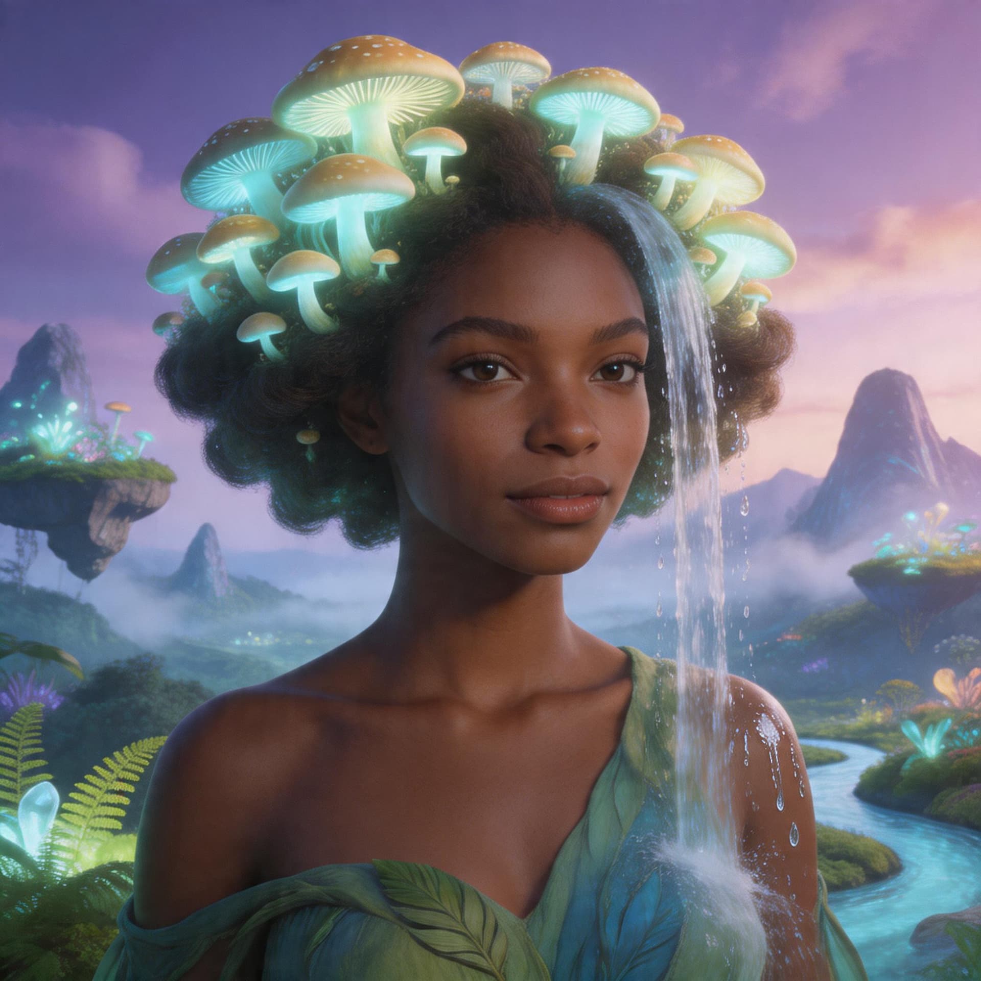 AI generated: Highly-detailed fantasy image of a dark-brown-skinned female with lighted mushroom cloud hair with a...