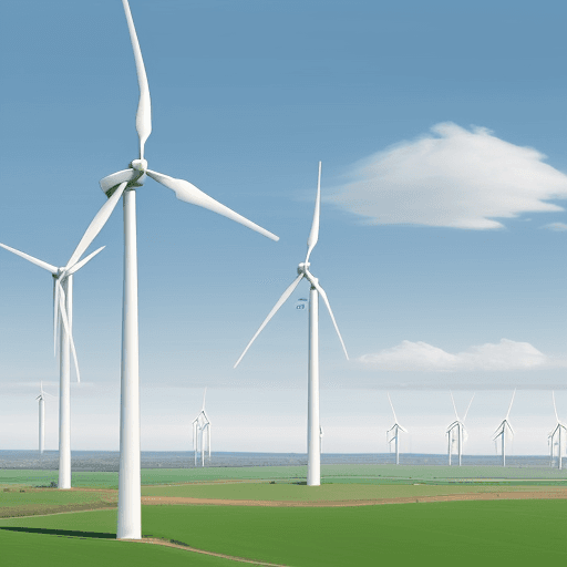 AI generated: two wind turbines with cartoon bubbles, in a larger wind farm. In the background, a stylized represe...