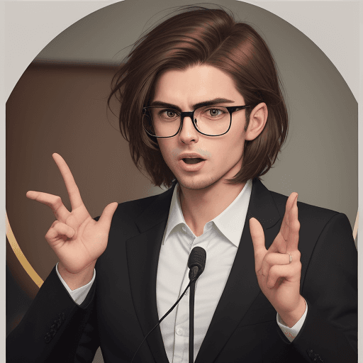 AI generated: A charismatic woman speaker is captured mid-speech. He has short, tousled brown hair that's slightly...