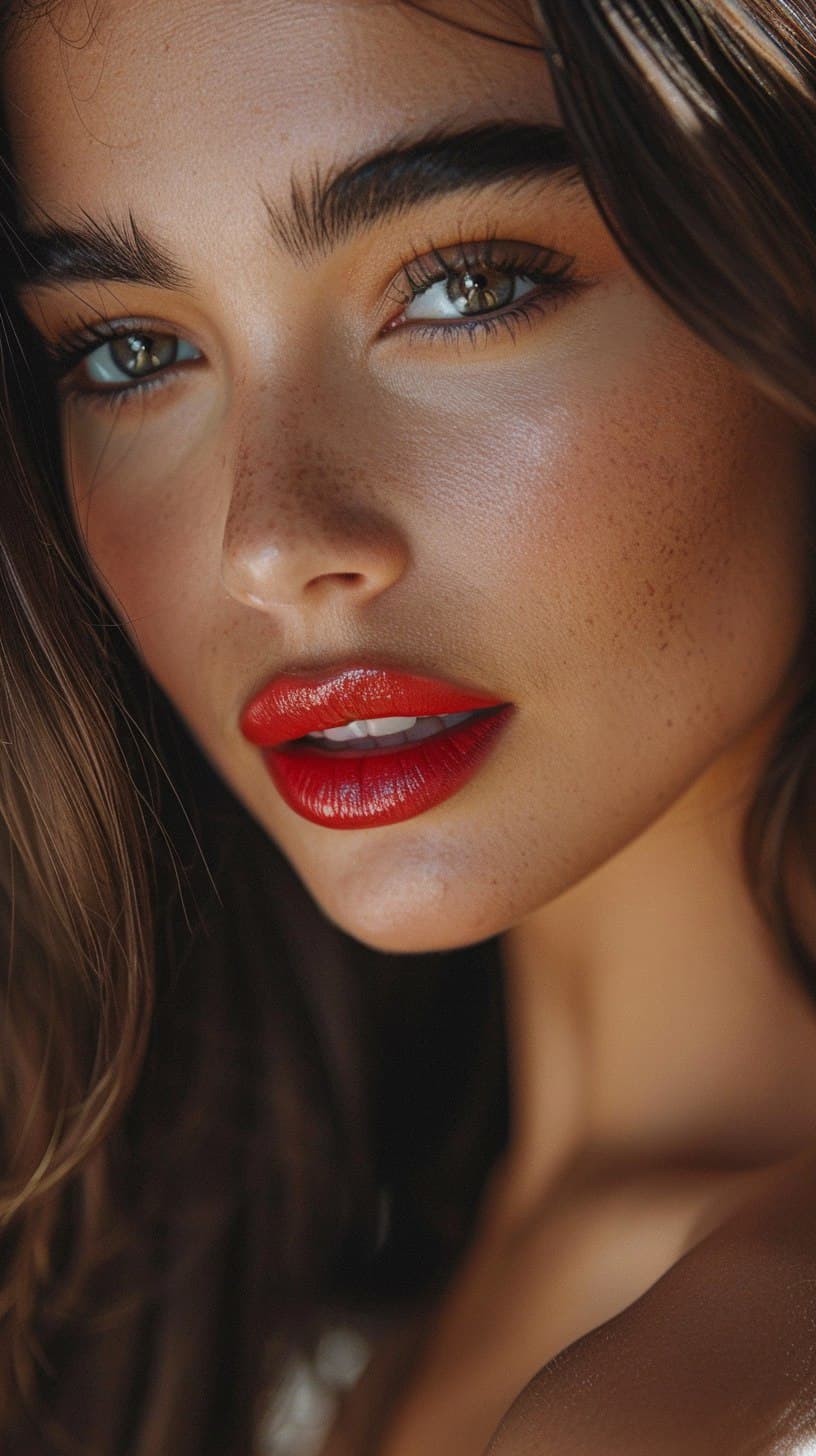 AI generated: a closeup shot of a spanish fashion model looking at camera with eye lashes lipstick full makeup vol...
