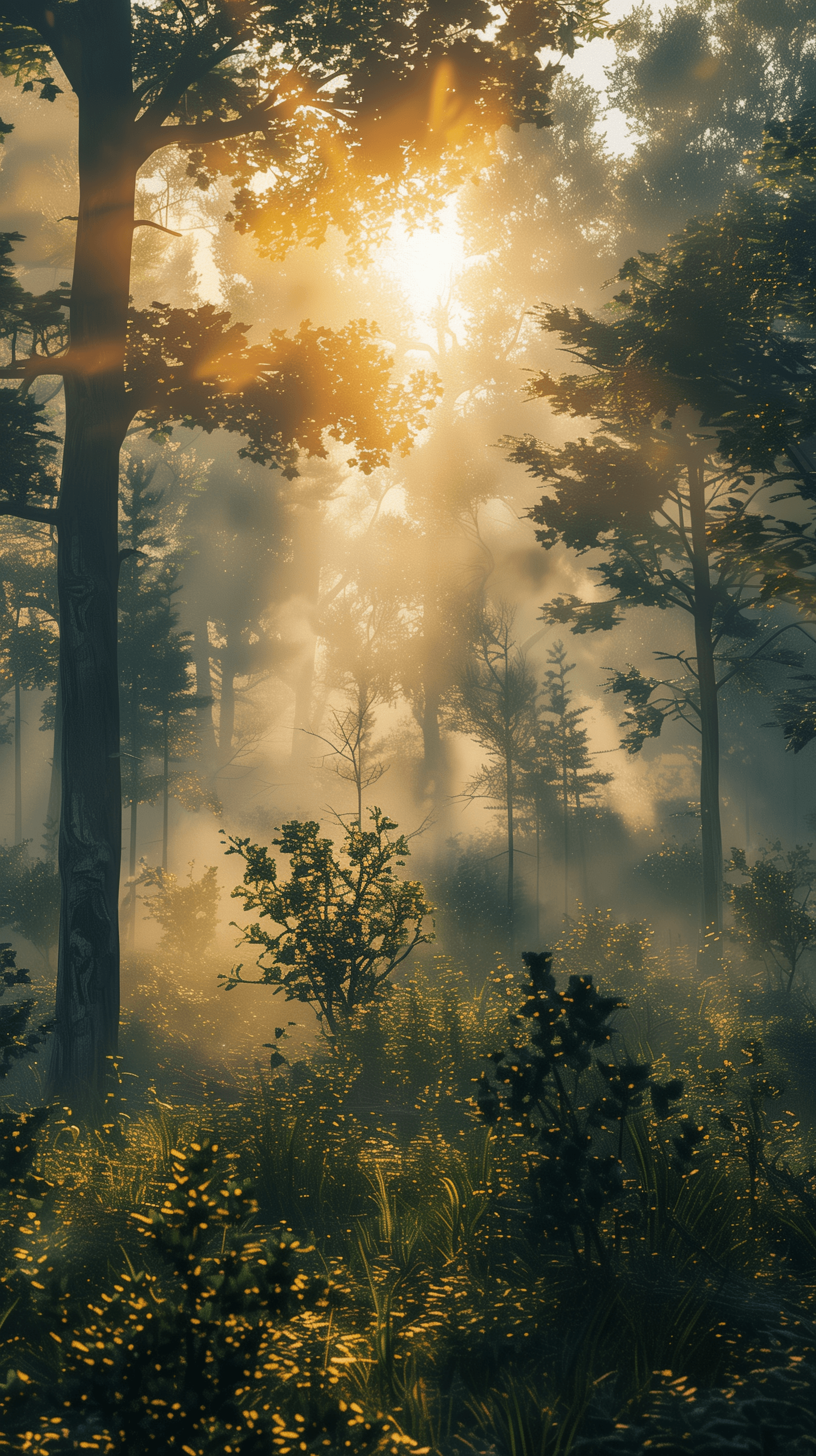 AI generated: photography, candid shot, forest, morning, fog effect, realistic sun lights, riched greenary, dramar...