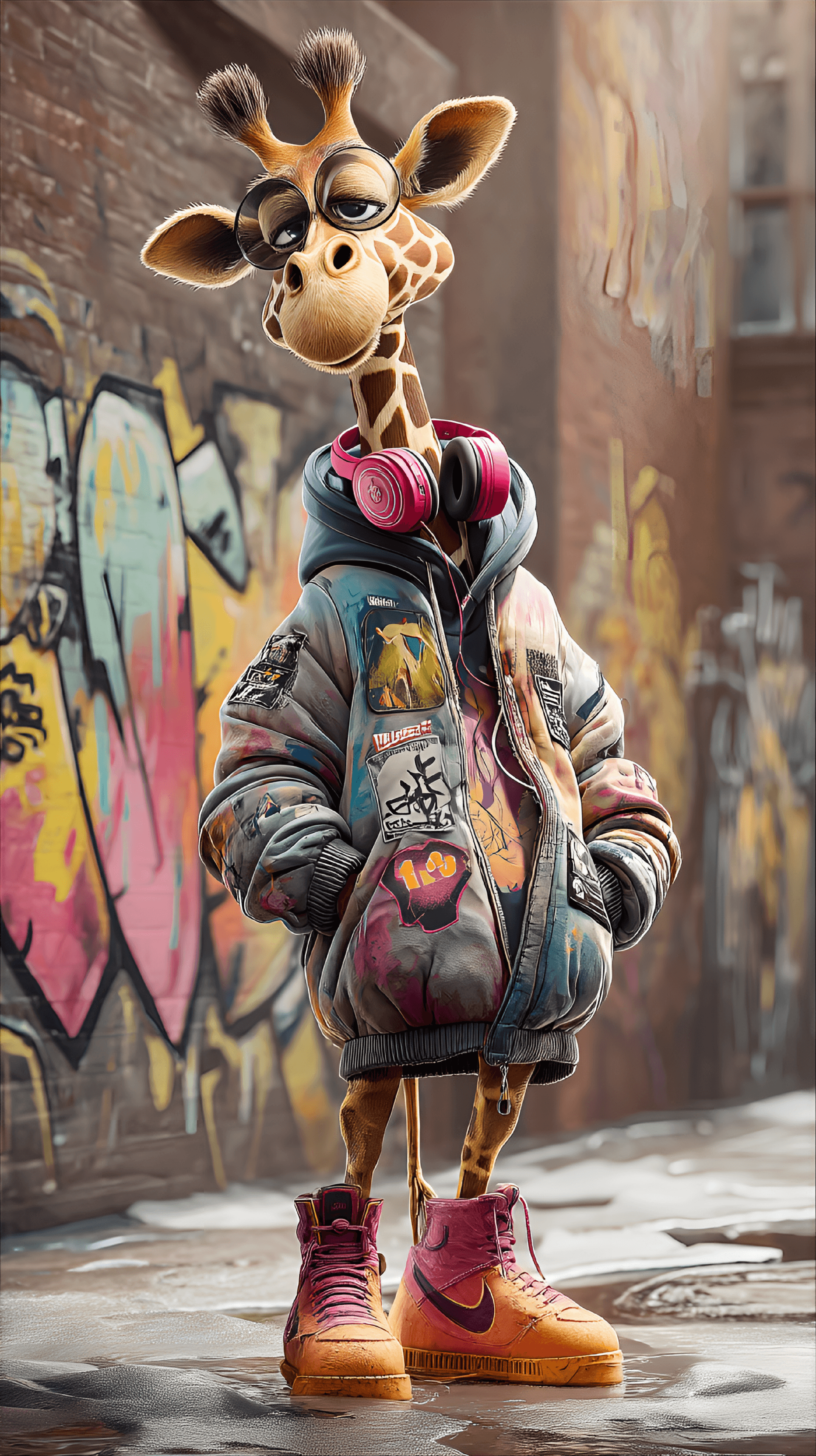 AI generated: Cartoon giraffe wearing oversized, colorful, graffiti-style jacket with patches, pink headphones, an...