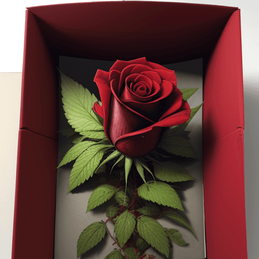 AI generated: bloody rose with weed leaf in box 
