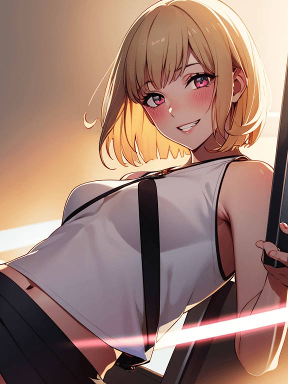 AI generated:  realistic,portrait, 1girl, crop top, blonde hair, dark eyes, glowing eyes,skirt, parted lips, blush...