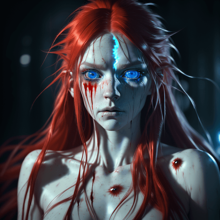 AI generated: an ultra realistic ethereal portrait of a paranormal  humanoid creature, long messy red flaming hair...