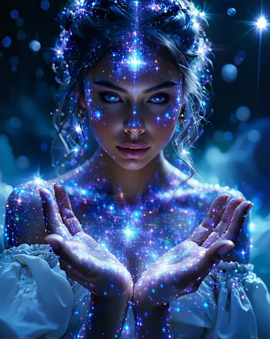 AI generated: "A celestial goddess with luminous galaxy skin, cosmic energy flowing from her hands, surrounded by ...