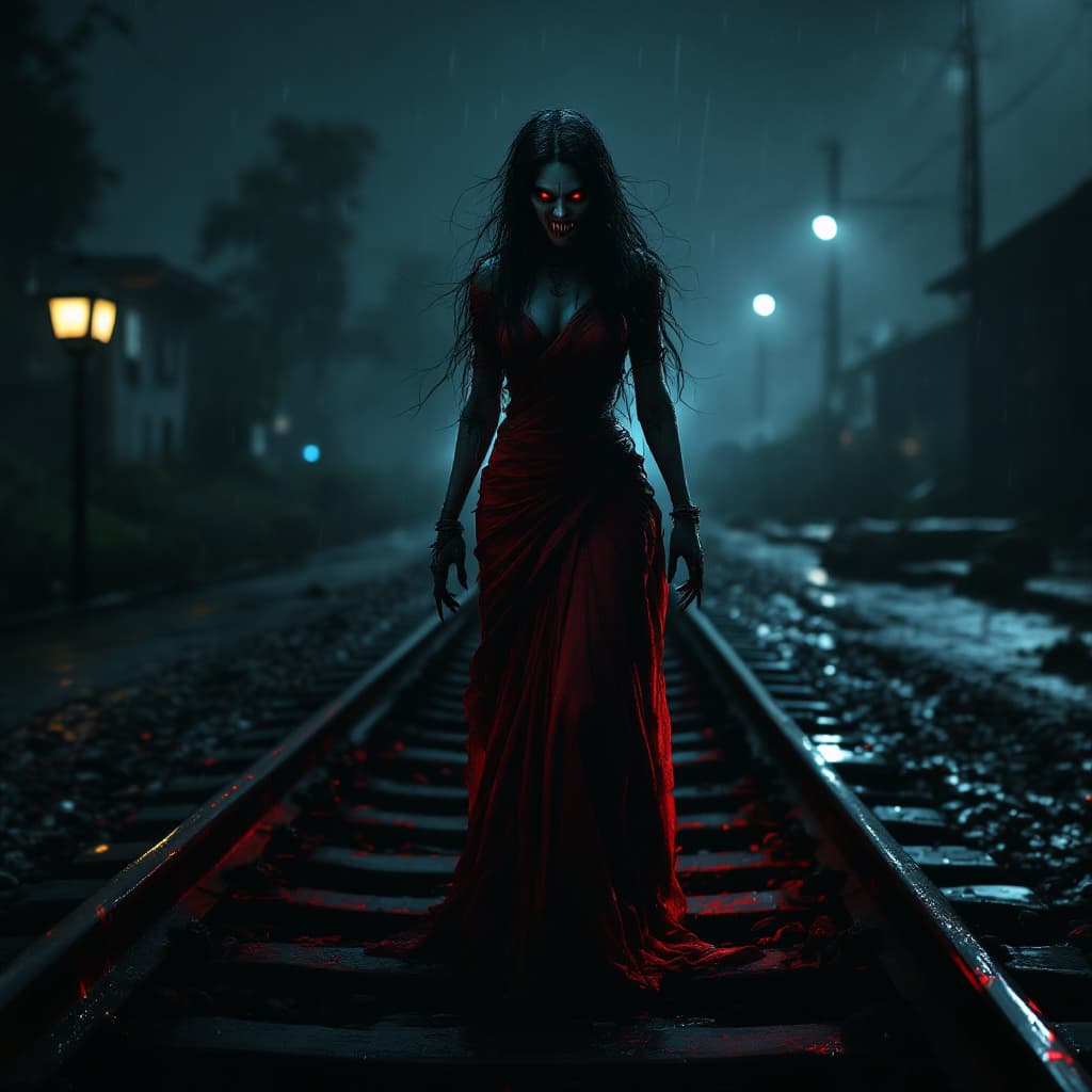AI generated: Hier ist ein überarbeiteter Prompt mit Draculazähnen integriert:

"A creepy, scary Indian lady with ...