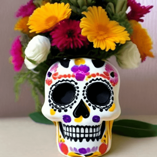 AI generated: cream vase, colorful marigolds, black sugar skull, centerpiece 