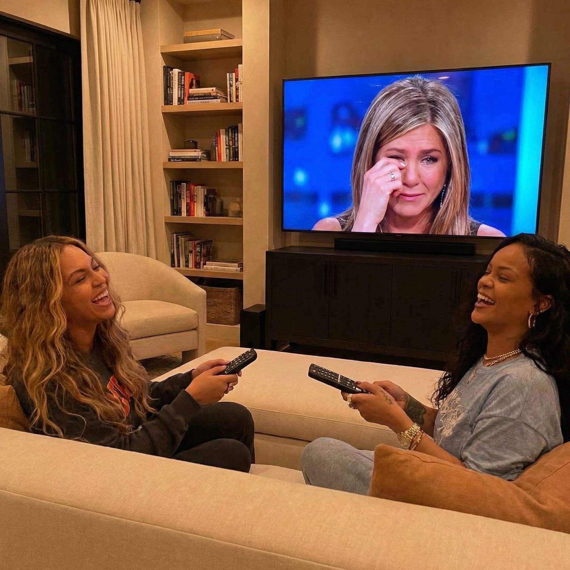AI generated: beyonce and rihanna laughing at jennifer aniston crying in tears on tv