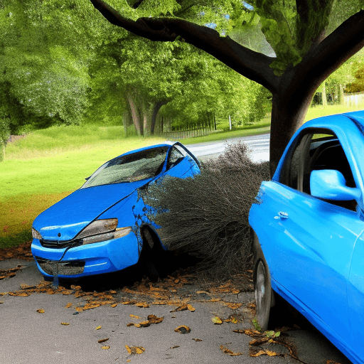 AI generated: blue  car crashing against a tree