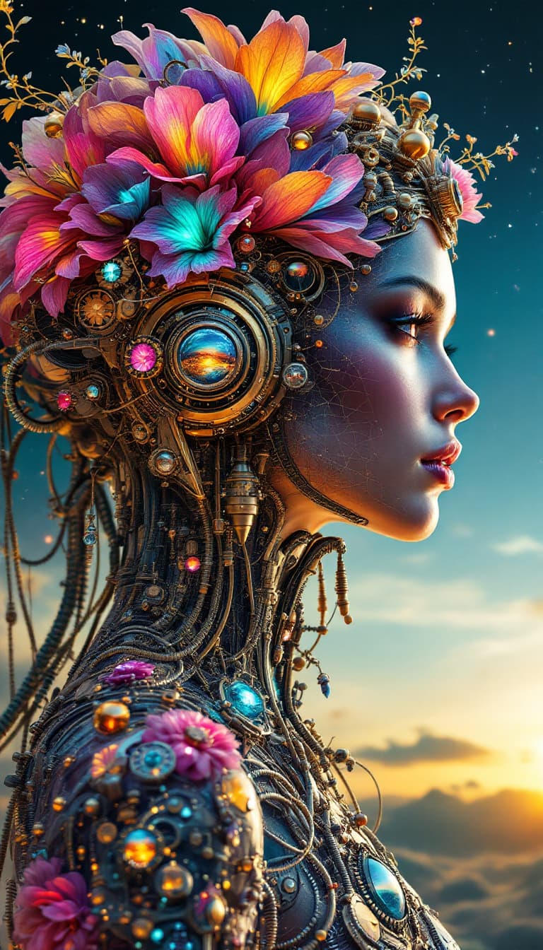 AI generated: Full-length steampunk portrait.  Double exposure Zach-effect spectral X-ray imagery, holographic neo...