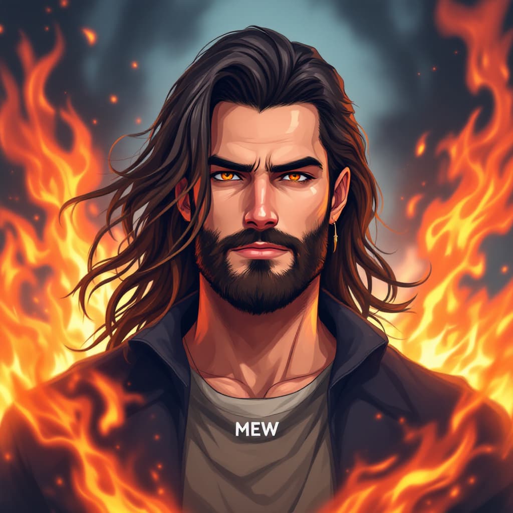 AI generated: A anime of a handsome man with long flowing hair and a short, well-groomed beard. The text MEW is wr...