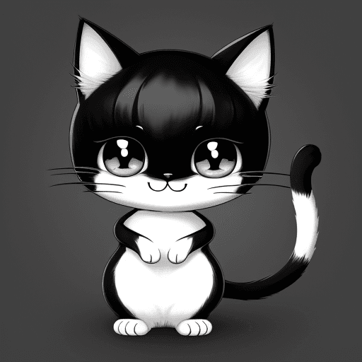 AI generated: Cute cartoon cat, smiling, big eyes, full body anime,{{{{{{black and white style}}}}}},no color