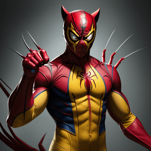 AI generated: HUGH JACKMAN IN A RED,YELLOW AND BLUESPIDER-WOLVERINE 
 SUIT WITH A MASK
WITH CLAWS COMING FROM HIS ...