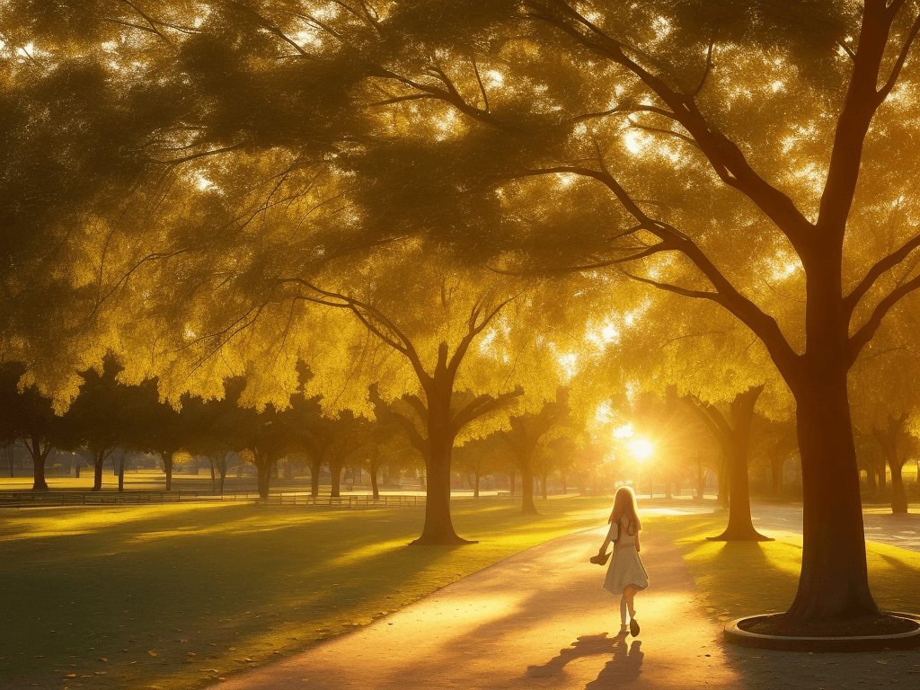 AI generated: A girl strolling in a park under the golden rays of the setting sun.
Girl
Park Pathway
Golden Sunlig...