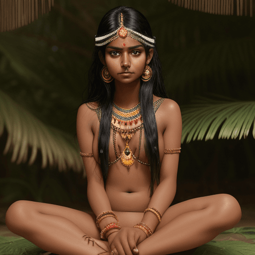 AI generated: naked indian girl sitting, fair skin tone, black hairs, having bindi on head, wore only bra and is s...