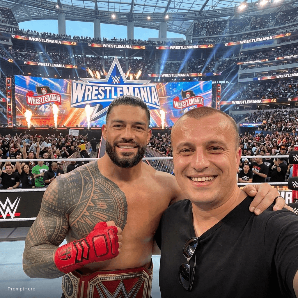AI generated: with Roman Reigns in a WWE Ring at Wrestle Mania 42, professional setting