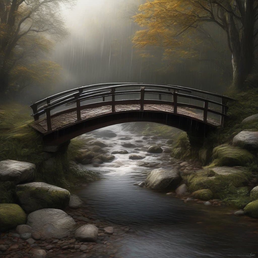 AI generated: landscape: "Old bridge. The bridge exposed its body to the rain, drops flow down its back."