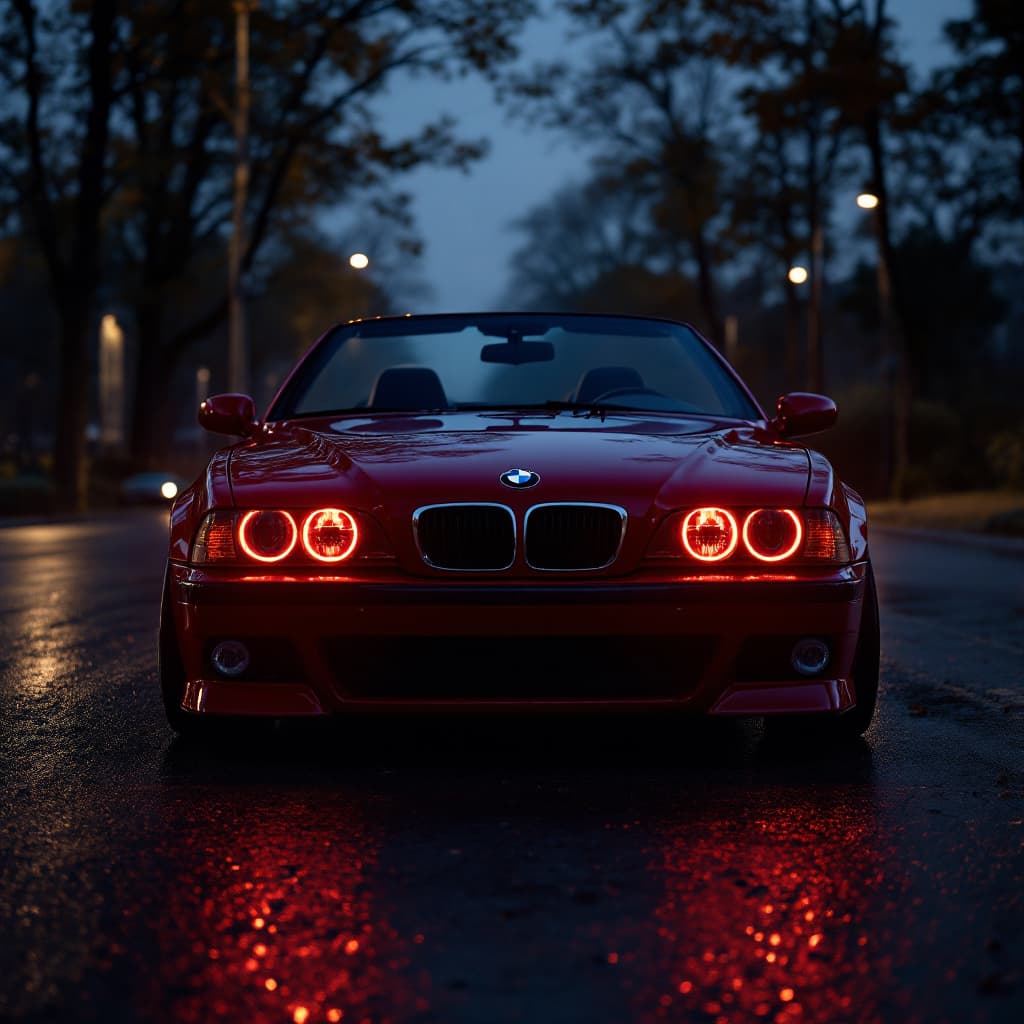 AI generated: dark red bmw e39 M5 convertible, lit angel eyes, cinematic, hyper realism, high detail, 8k, dark eve...