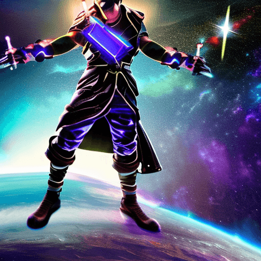 AI generated: A male sorcerer, floating in space, nebula in the background, tattered black robes, left bicep expos...