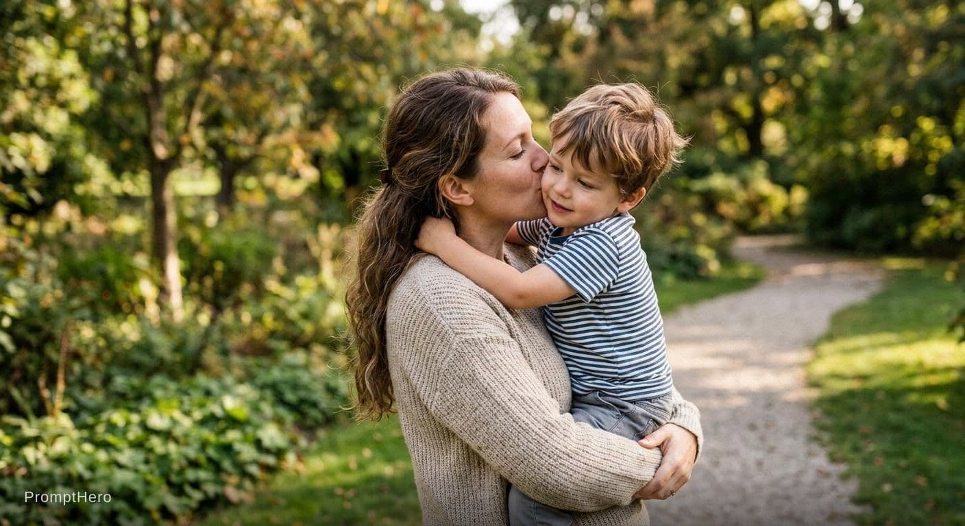 AI generated: A  woman with long brun hair holds a little boy in her arms and gives him a long kiss