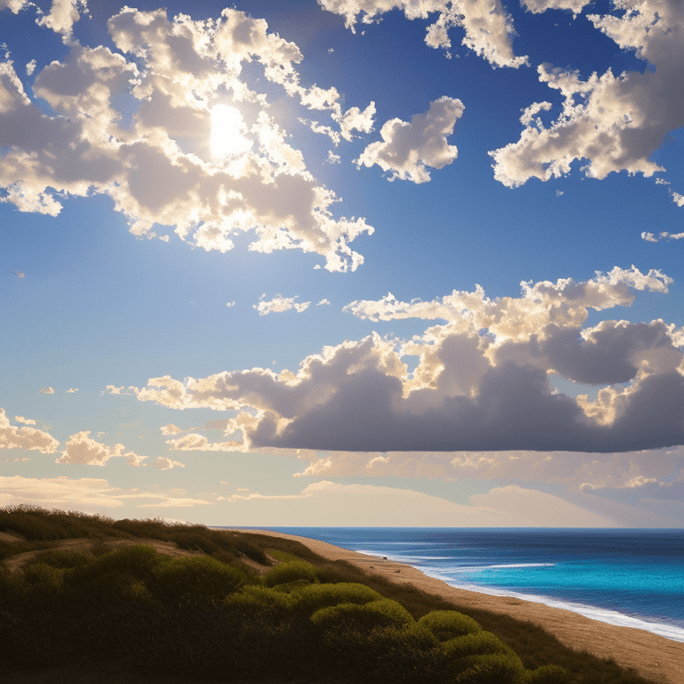 AI generated: photorealistic oil on canvas,
soaring sky, sparse clouds above a beach below,
beautiful setting,
unr...