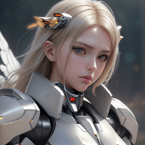 AI generated: A close-up photo of a very beautiful mecha girl, with dark tips beige blonde hair, angelic face, sed...