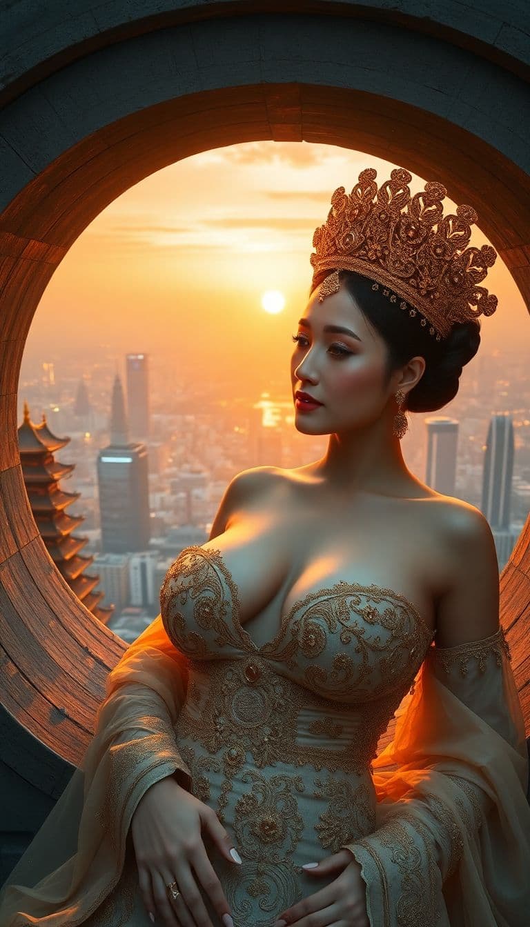 AI generated: an elegant woman wearing delicate gold jewelry and an ornate headdress. She lies gracefully within a...