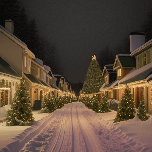 AI generated: a street lined with christmas trees along with snow, in the style of old-world charm, dreamy and rom...