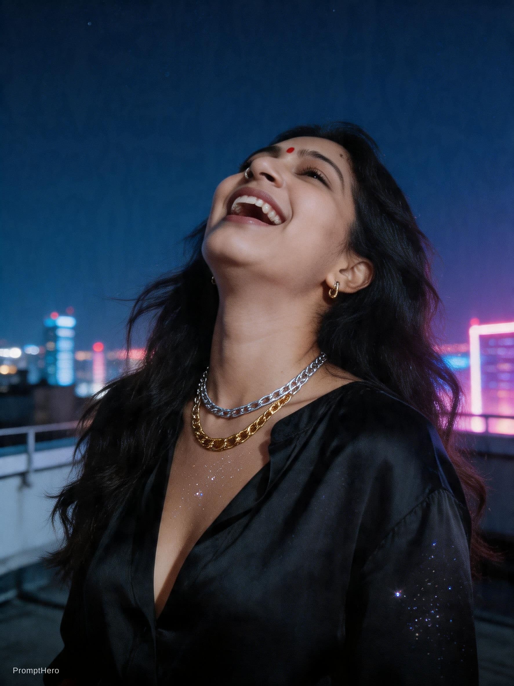 AI generated: A grainy, high-ISO rooftop documentary scene captures a tall, statuesque woman with long, dark, wind...